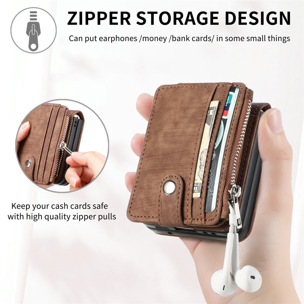 Samsung Galaxy Z Flip 6 Pung-etui med kortholdere og lynlås Brun