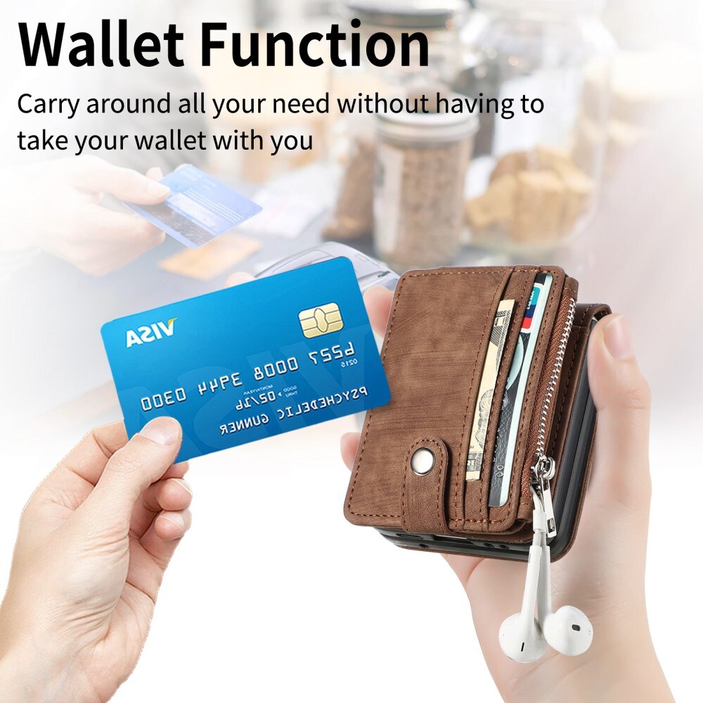 Samsung Galaxy Z Flip 6 Pung-etui med kortholdere og lynlås Brun