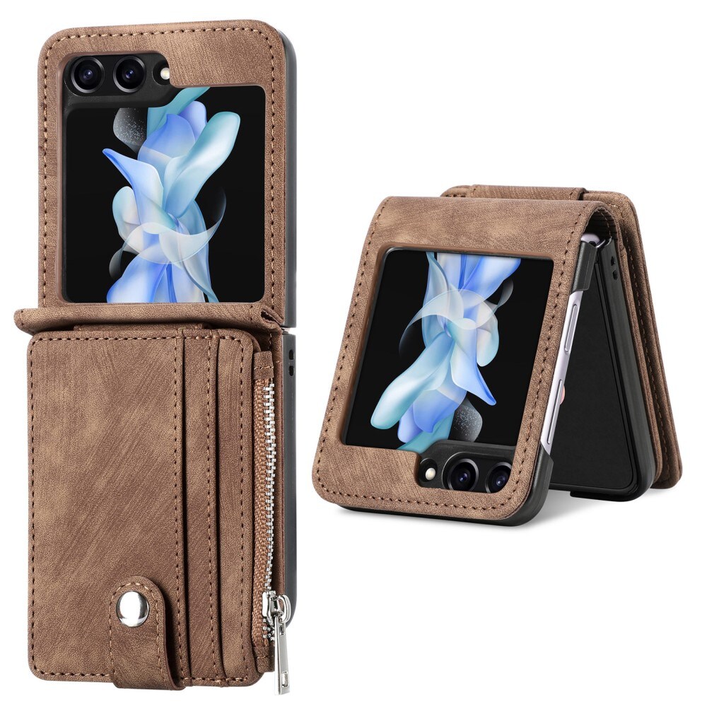 Samsung Galaxy Z Flip 6 Pung-etui med kortholdere og lynlås Brun