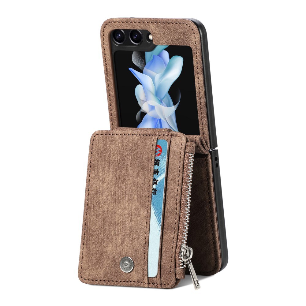 Samsung Galaxy Z Flip 6 Pung-etui med kortholdere og lynlås Brun