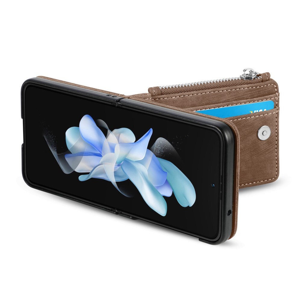 Samsung Galaxy Z Flip 5 Pung-etui med kortholdere og lynlås Brun