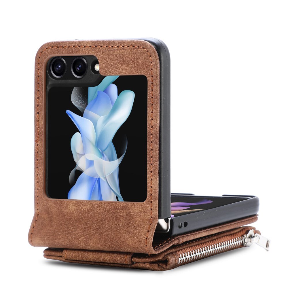 Samsung Galaxy Z Flip 6 Pung-etui med kortholdere og lynlås Brun