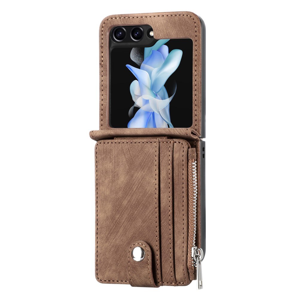 Samsung Galaxy Z Flip 5 Pung-etui med kortholdere og lynlås Brun