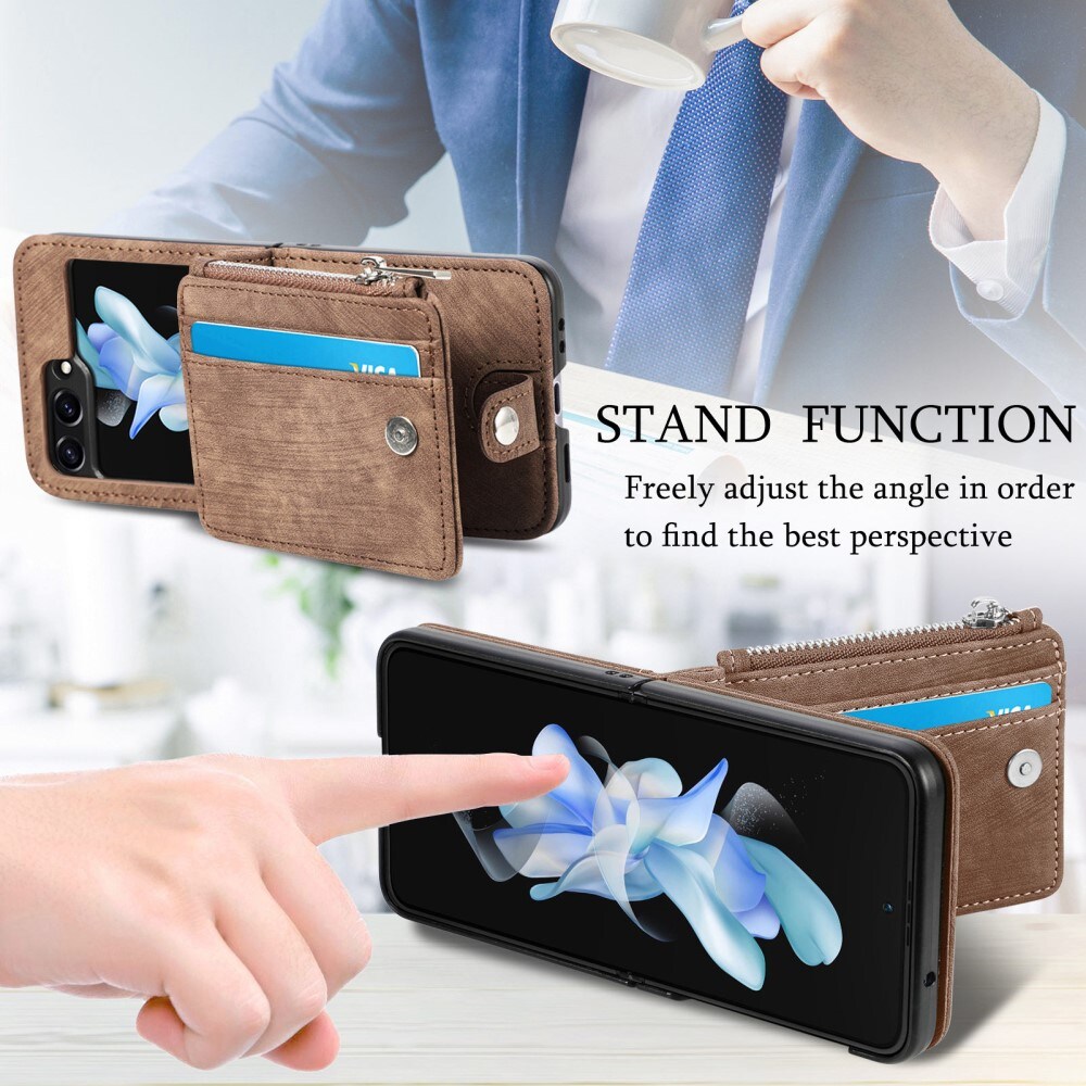 Samsung Galaxy Z Flip 6 Pung-etui med kortholdere og lynlås Brun