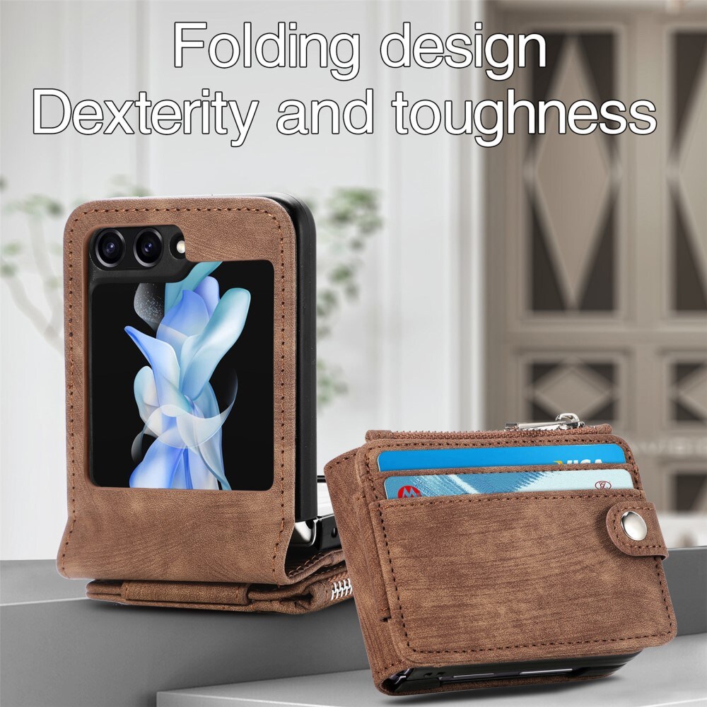 Samsung Galaxy Z Flip 6 Pung-etui med kortholdere og lynlås Brun