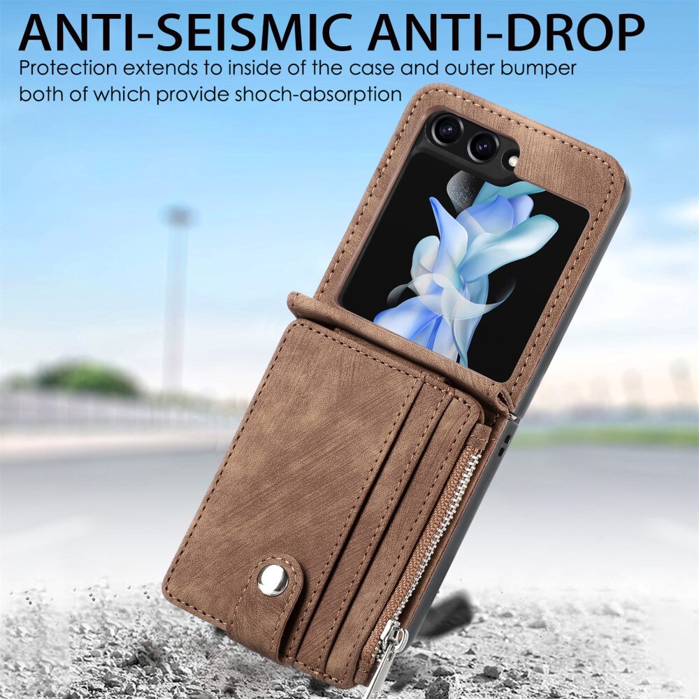 Samsung Galaxy Z Flip 6 Pung-etui med kortholdere og lynlås Brun