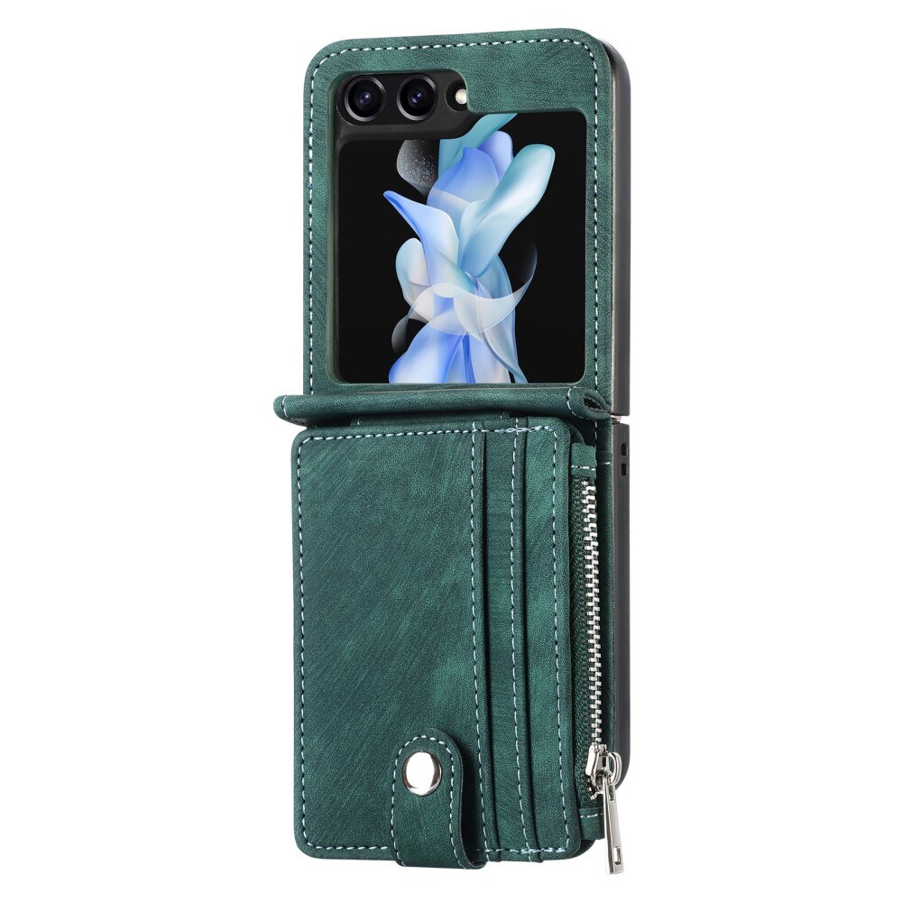 Samsung Galaxy Z Flip 5 Pung-etui med kortholdere og lynlås Grøn