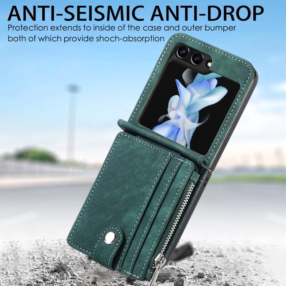 Samsung Galaxy Z Flip 6 Pung-etui med kortholdere og lynlås Grøn