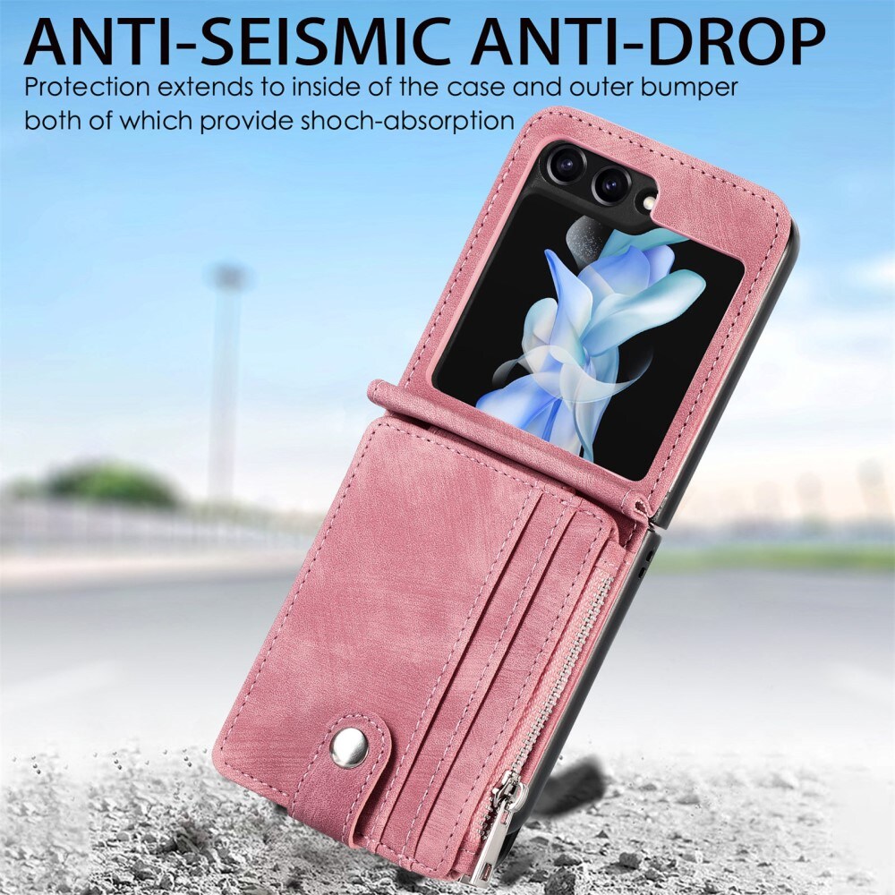 Samsung Galaxy Z Flip 7 FE Pung-etui med kortholdere og lynlås Lyserød