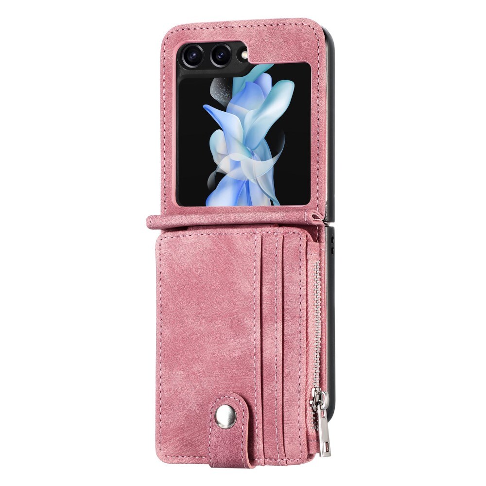 Samsung Galaxy Z Flip 5 Pung-etui med kortholdere og lynlås Lyserød