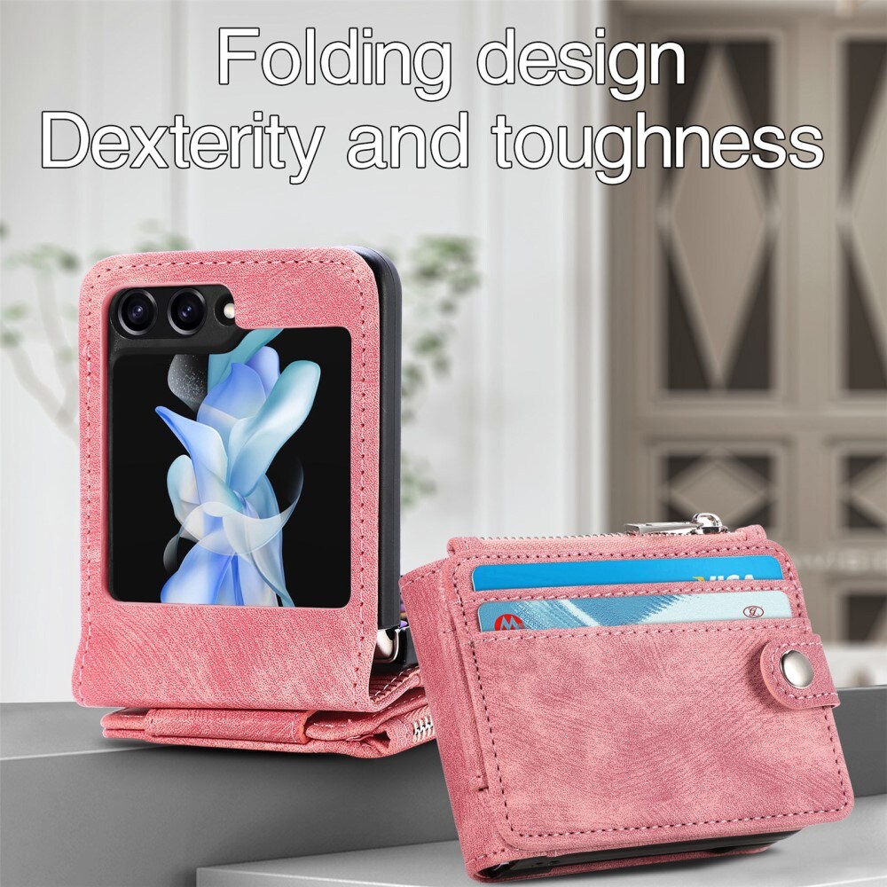Samsung Galaxy Z Flip 7 FE Pung-etui med kortholdere og lynlås Lyserød