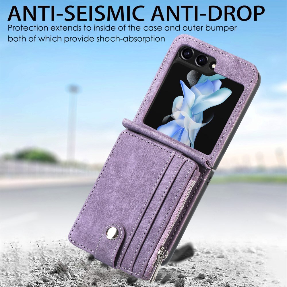 Samsung Galaxy Z Flip 6 Pung-etui med kortholdere og lynlås Lilla