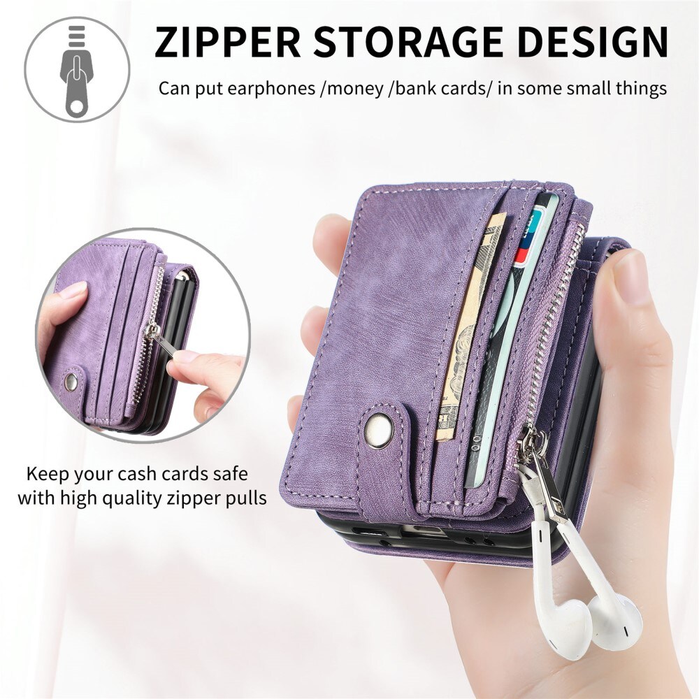 Samsung Galaxy Z Flip 6 Pung-etui med kortholdere og lynlås Lilla