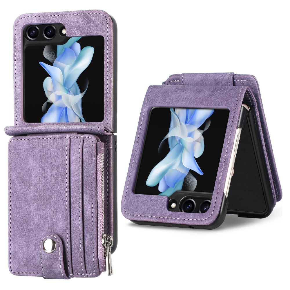 Samsung Galaxy Z Flip 6 Pung-etui med kortholdere og lynlås Lilla