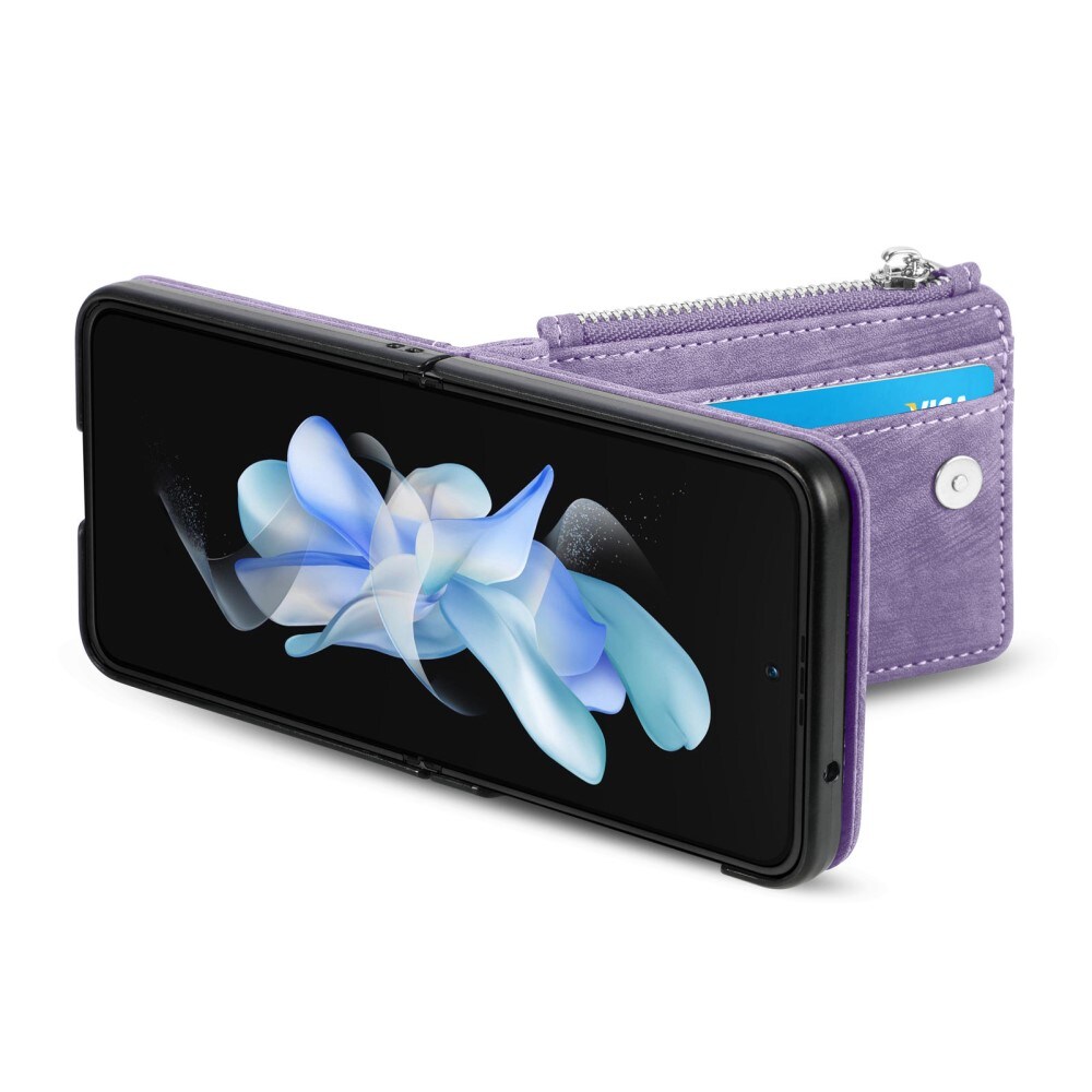 Samsung Galaxy Z Flip 5 Pung-etui med kortholdere og lynlås Lilla