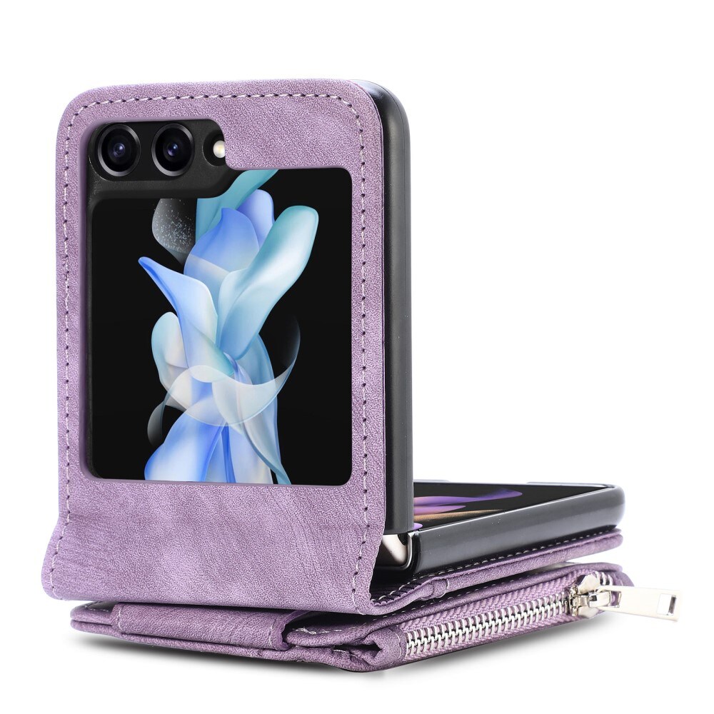 Samsung Galaxy Z Flip 6 Pung-etui med kortholdere og lynlås Lilla