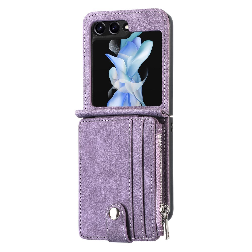 Samsung Galaxy Z Flip 5 Pung-etui med kortholdere og lynlås Lilla