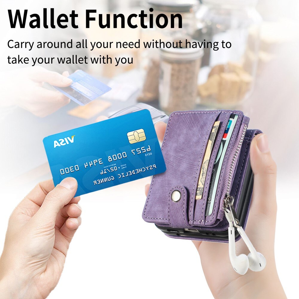 Samsung Galaxy Z Flip 6 Pung-etui med kortholdere og lynlås Lilla