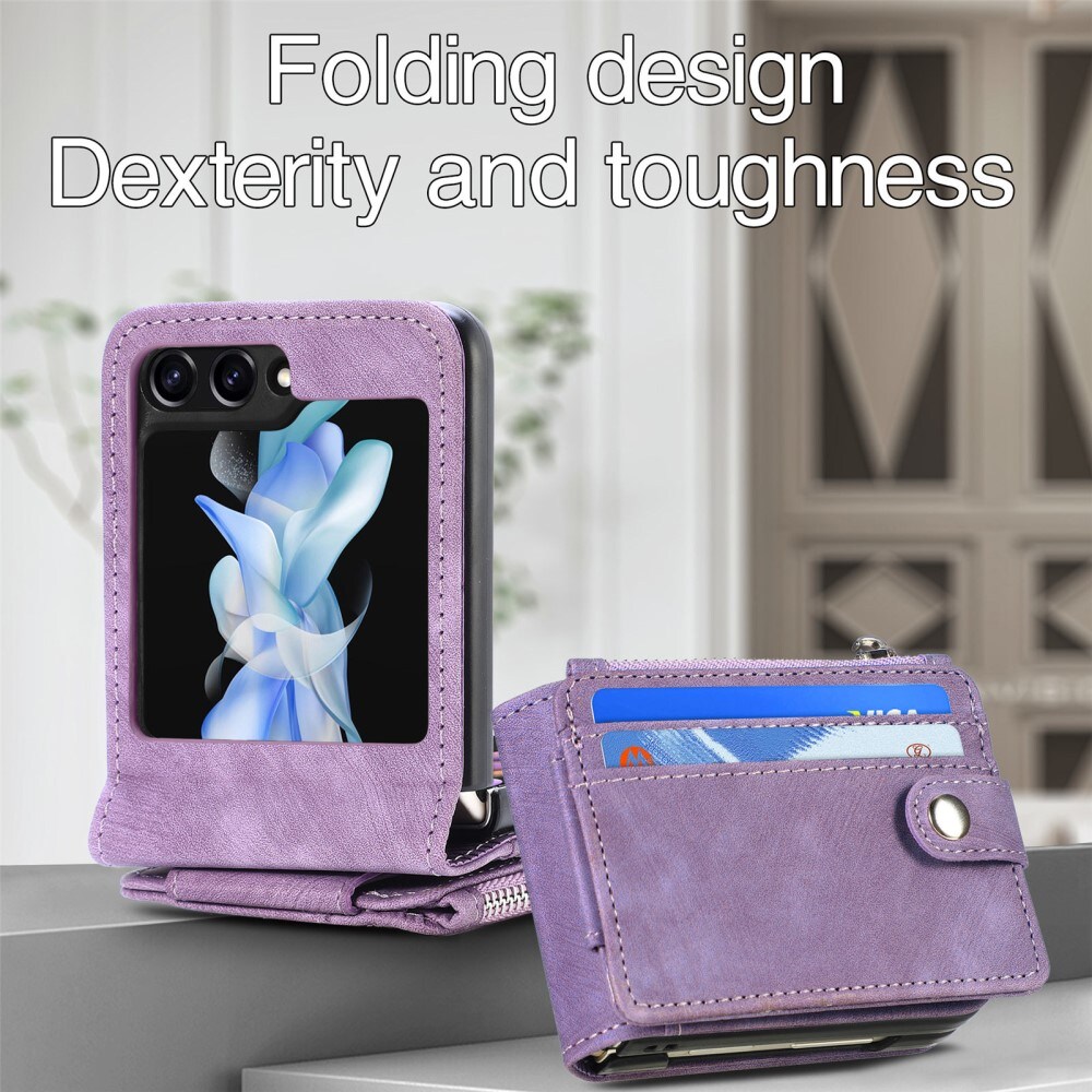 Samsung Galaxy Z Flip 6 Pung-etui med kortholdere og lynlås Lilla