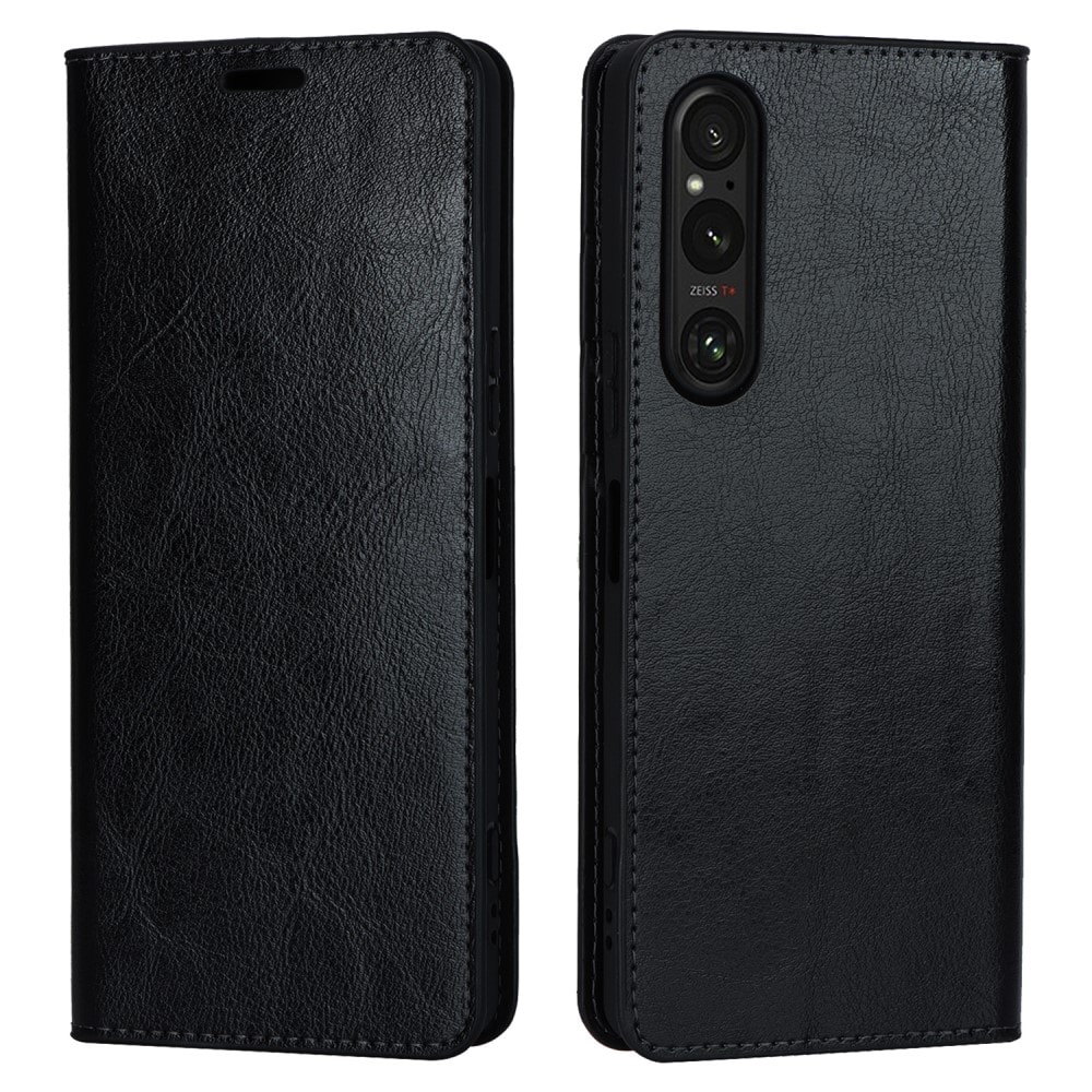 Sony Xperia 1 V Smidigt mobiletui i ægte læder, Sort