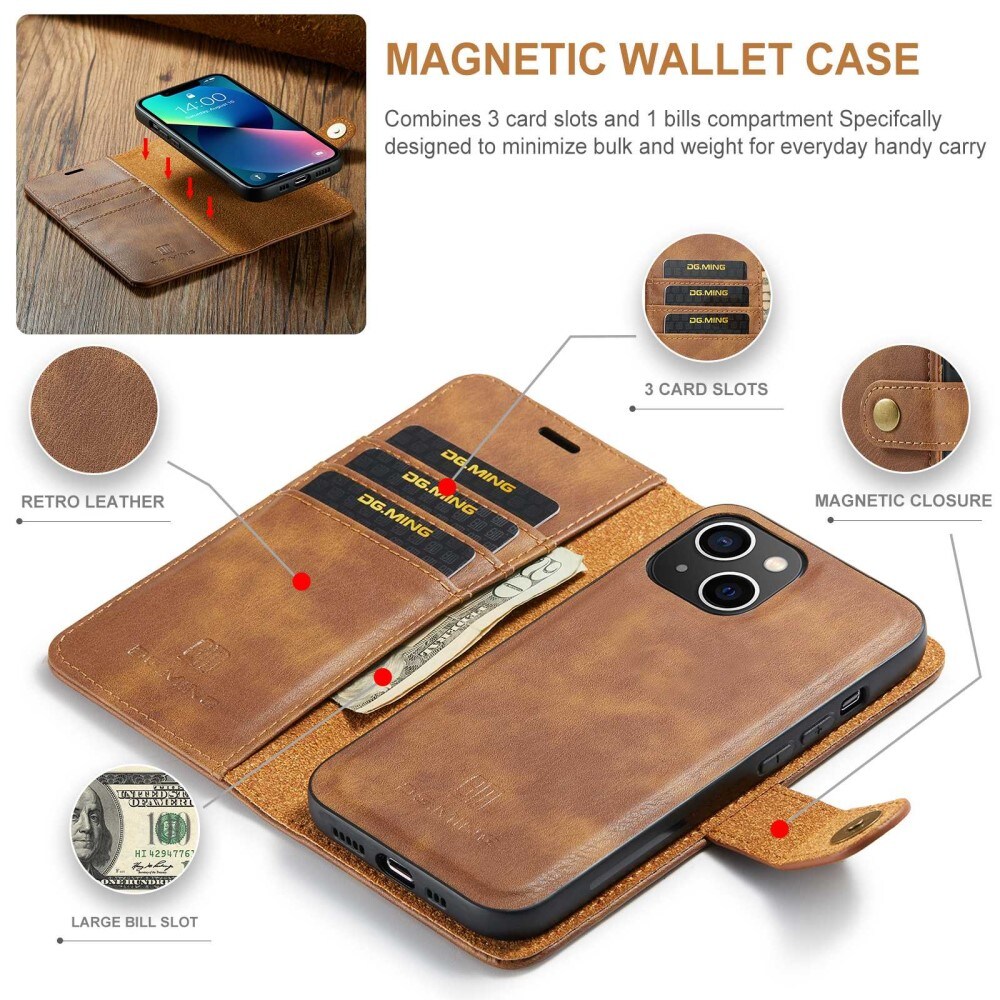 iPhone 15 Pungetui med aftageligt cover, Cognac