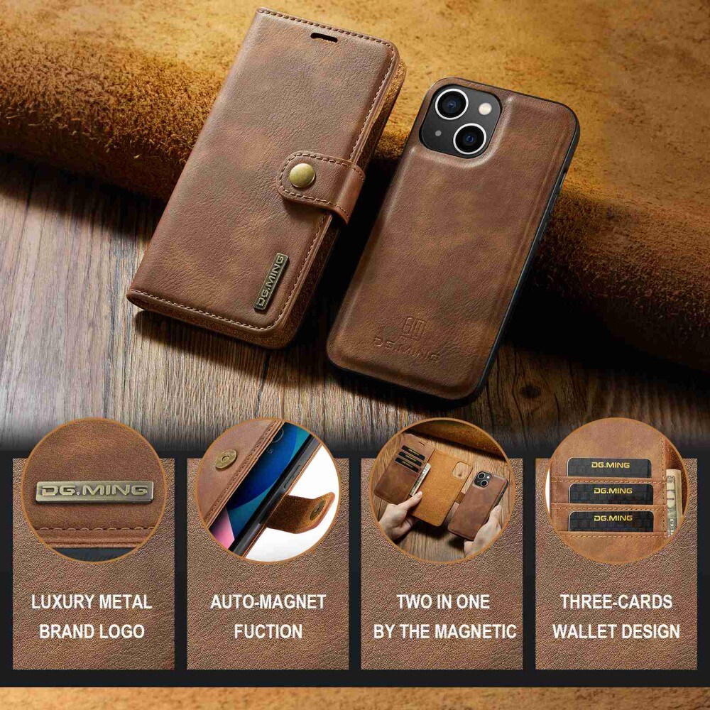 iPhone 15 Plus Pungetui med aftageligt cover, Cognac