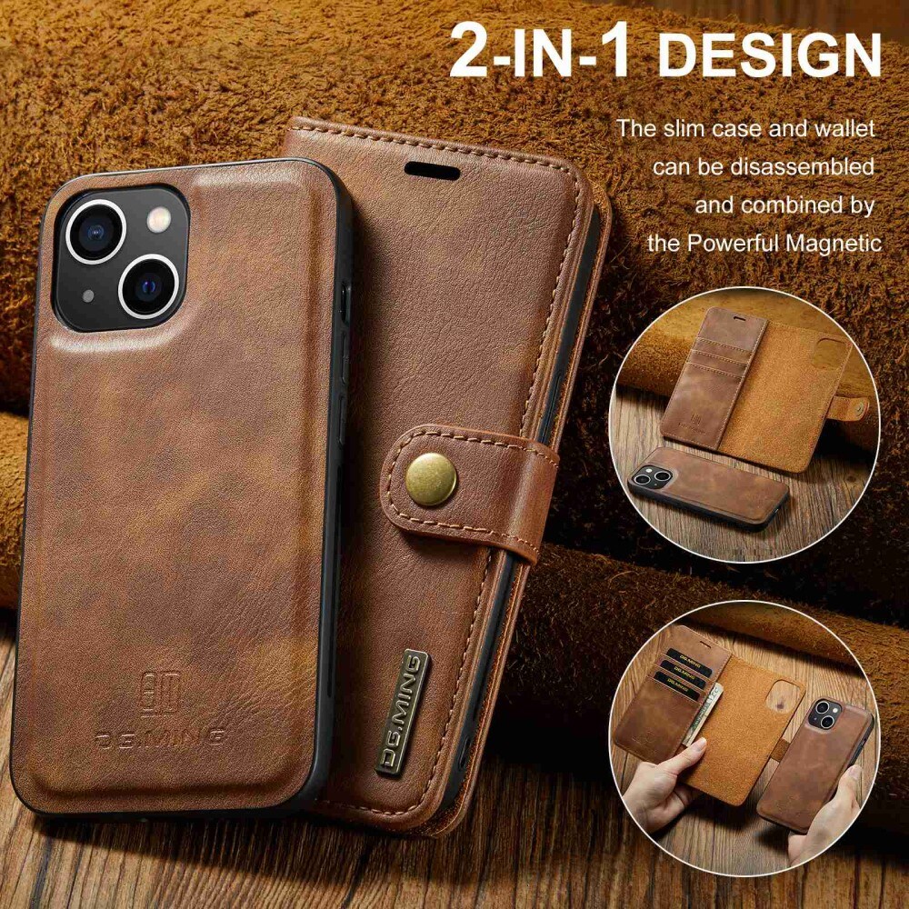 iPhone 15 Plus Pungetui med aftageligt cover, Cognac