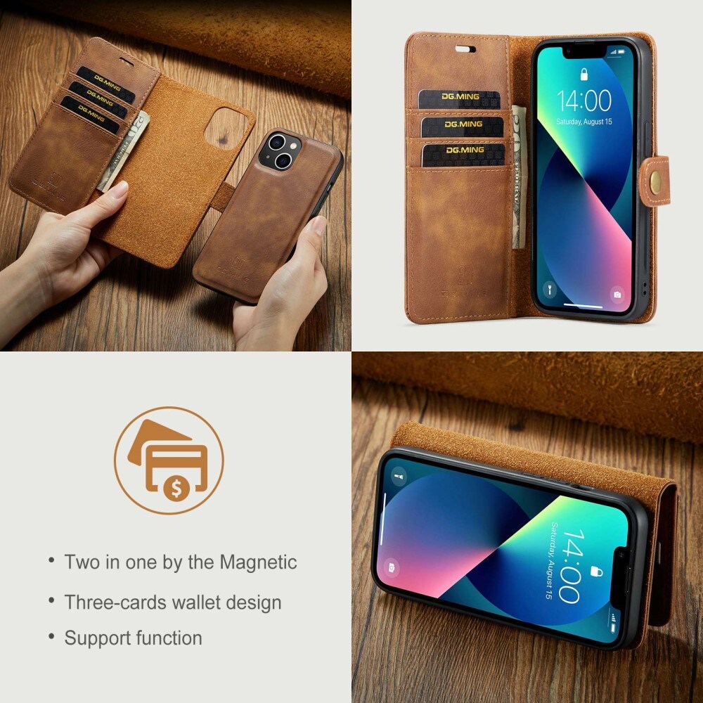 iPhone 15 Plus Pungetui med aftageligt cover, Cognac