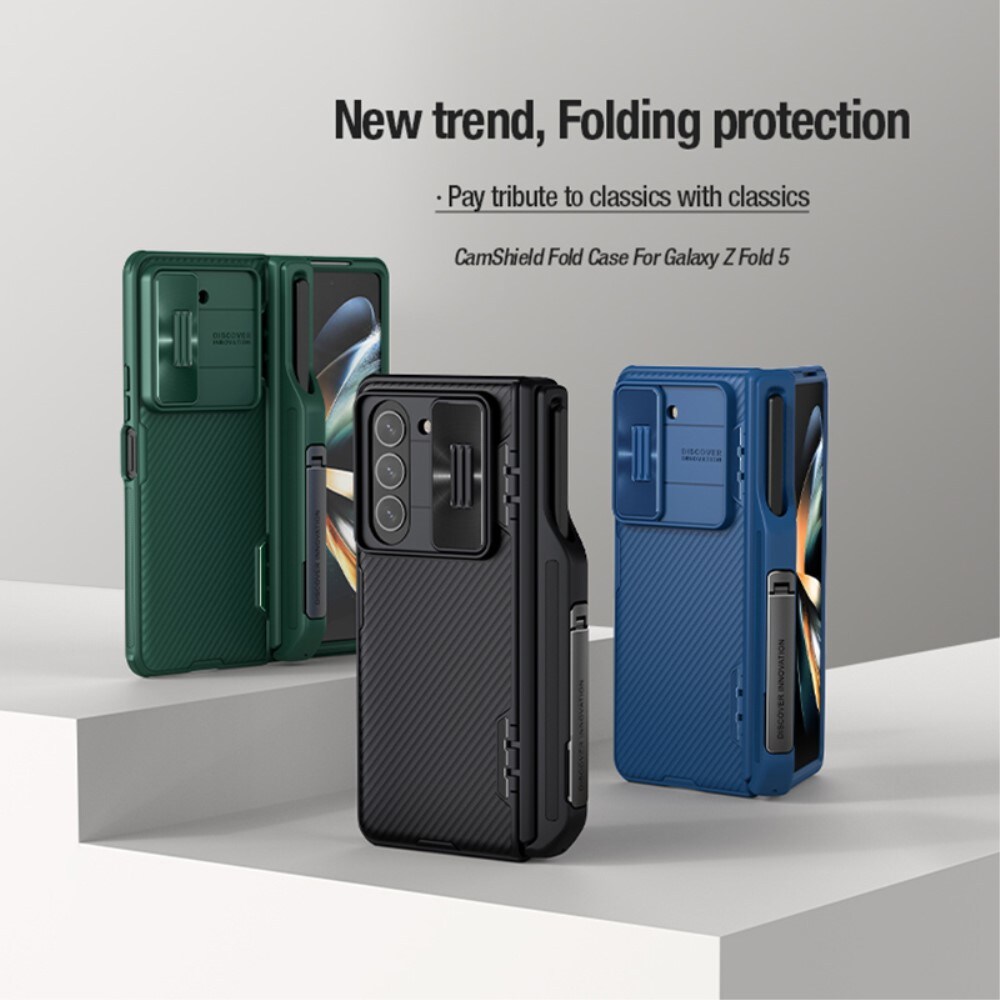 Samsung Galaxy Z Fold 5 Cover med kameralinsebeskyttelse og penneholder - CamShield, Sort