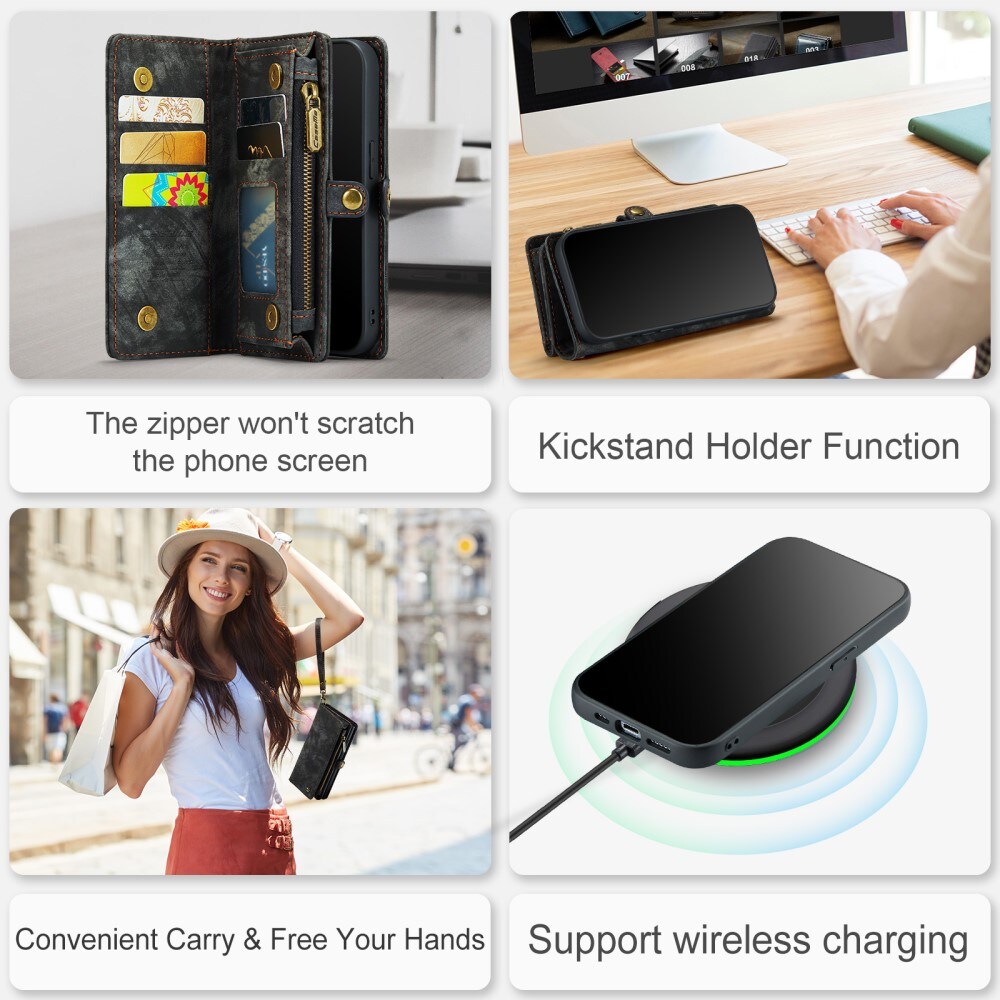 iPhone 15 Pro Rummeligt pungetui med mange kortholdere, Grå