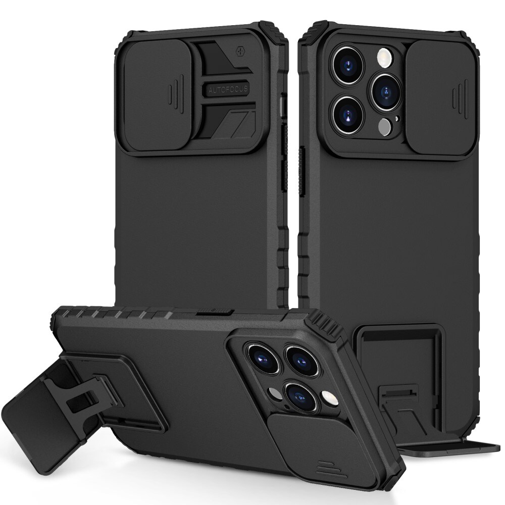 iPhone 15 Cover med Kickstand & Kamerabeskyttelse, Sort