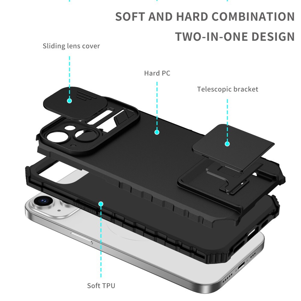 iPhone 15 Cover med Kickstand & Kamerabeskyttelse, Sort