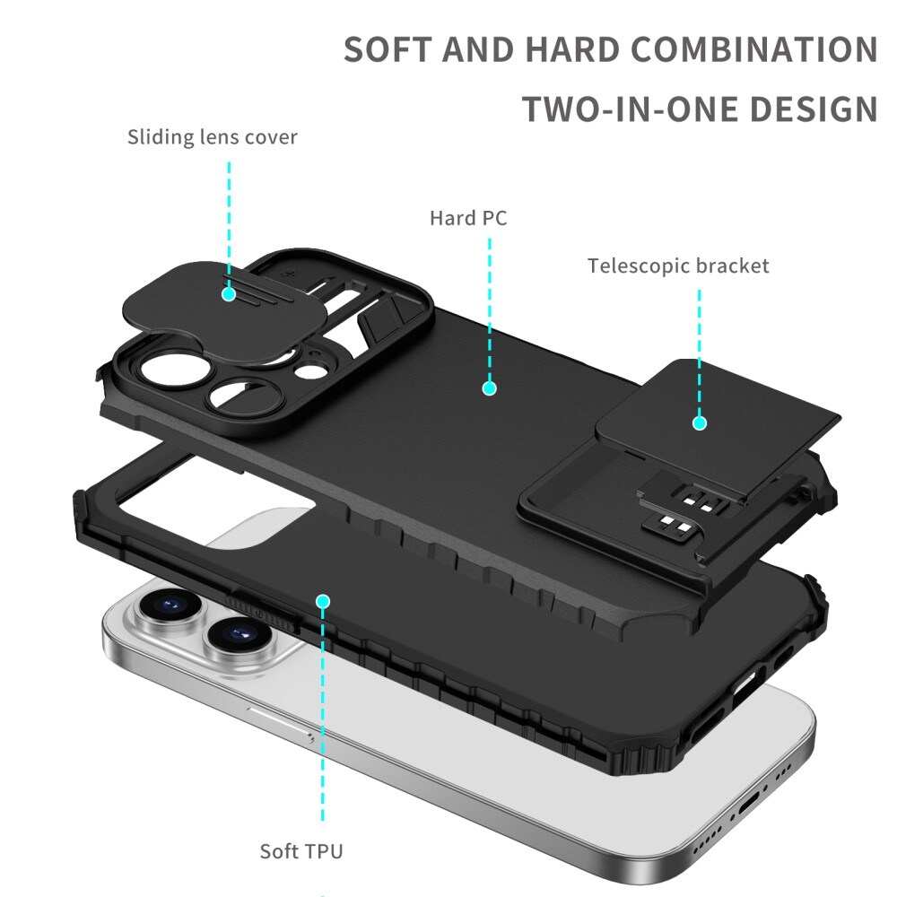 iPhone 15 Pro Cover med Kickstand & Kamerabeskyttelse, Sort