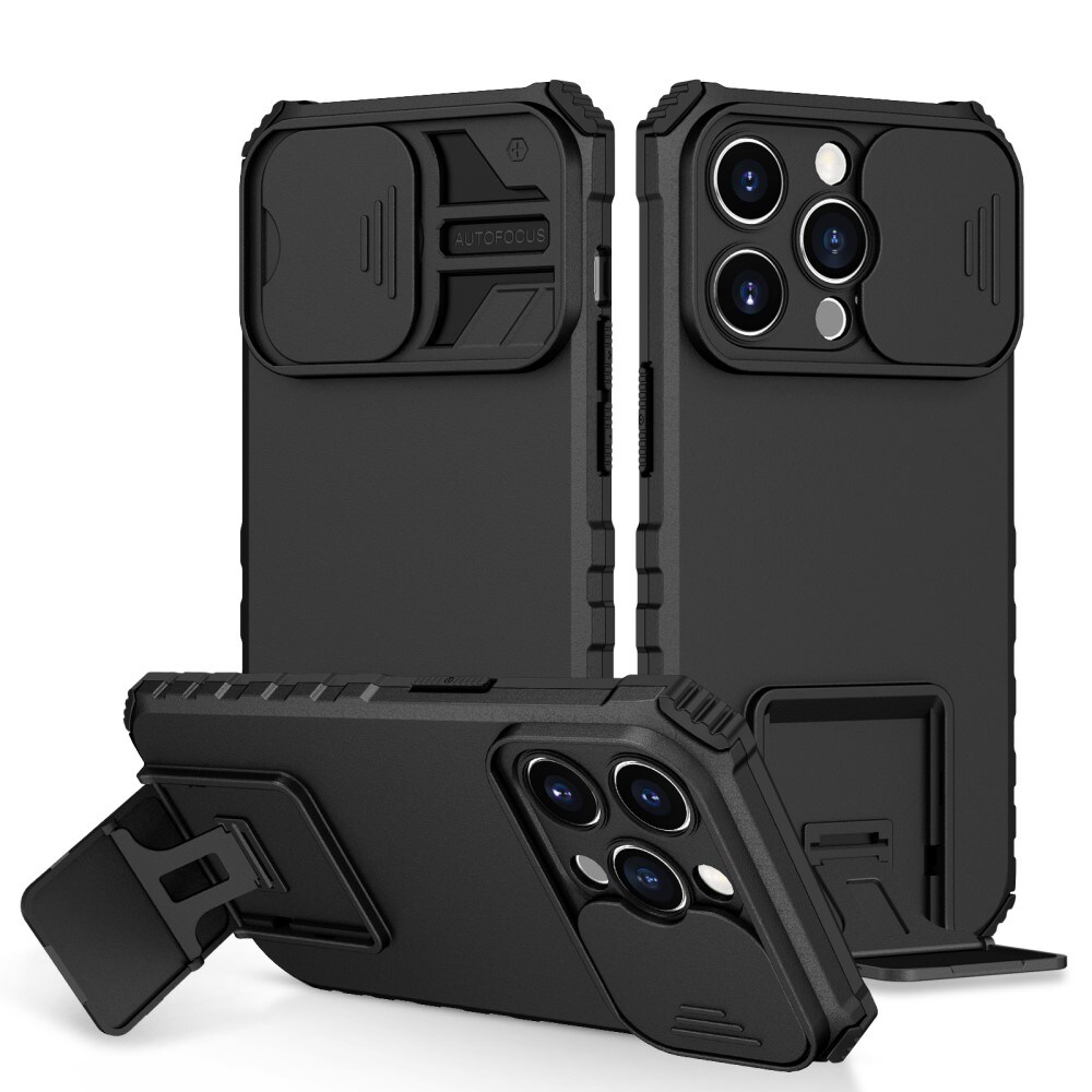 iPhone 15 Pro Cover med Kickstand & Kamerabeskyttelse, Sort