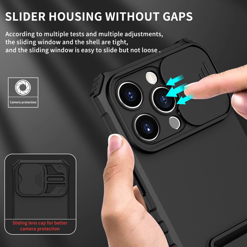 iPhone 15 Pro Cover med Kickstand & Kamerabeskyttelse, Sort