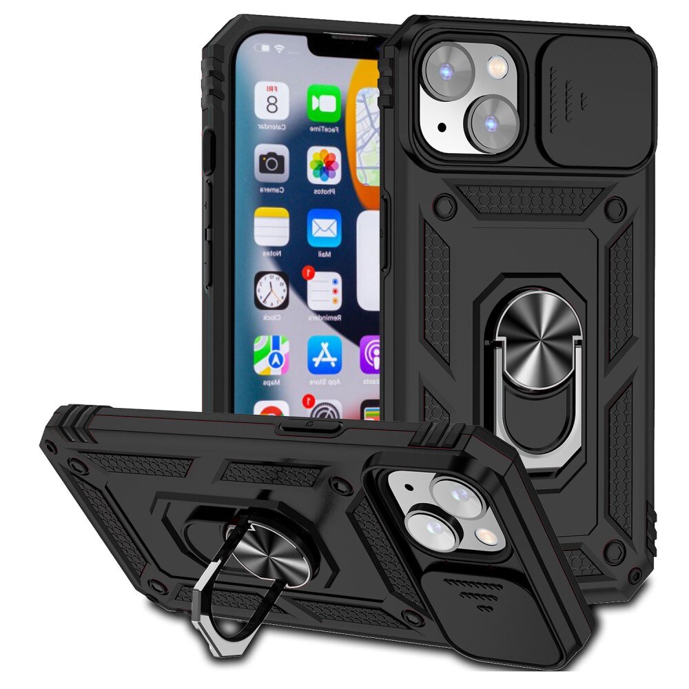 iPhone 15 Cover med kamerabeskyttelse & fingerring, Sort