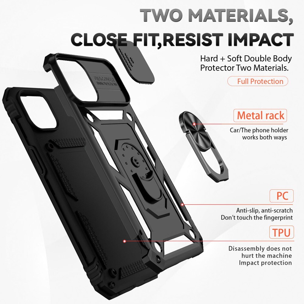 iPhone 15 Cover med kamerabeskyttelse & fingerring, Sort