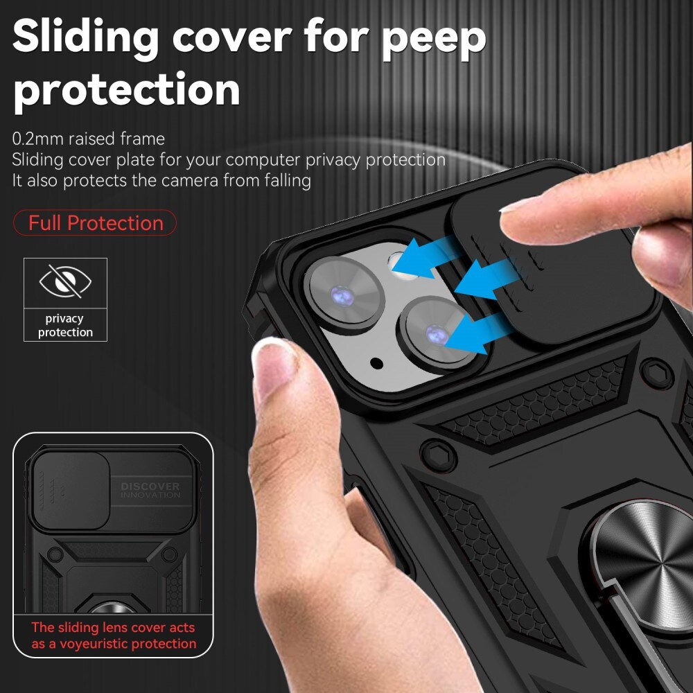 iPhone 15 Cover med kamerabeskyttelse & fingerring, Sort