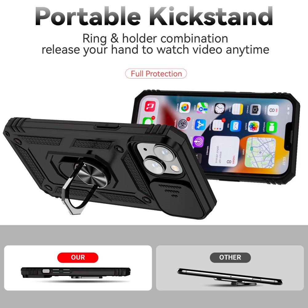 iPhone 15 Cover med kamerabeskyttelse & fingerring, Sort
