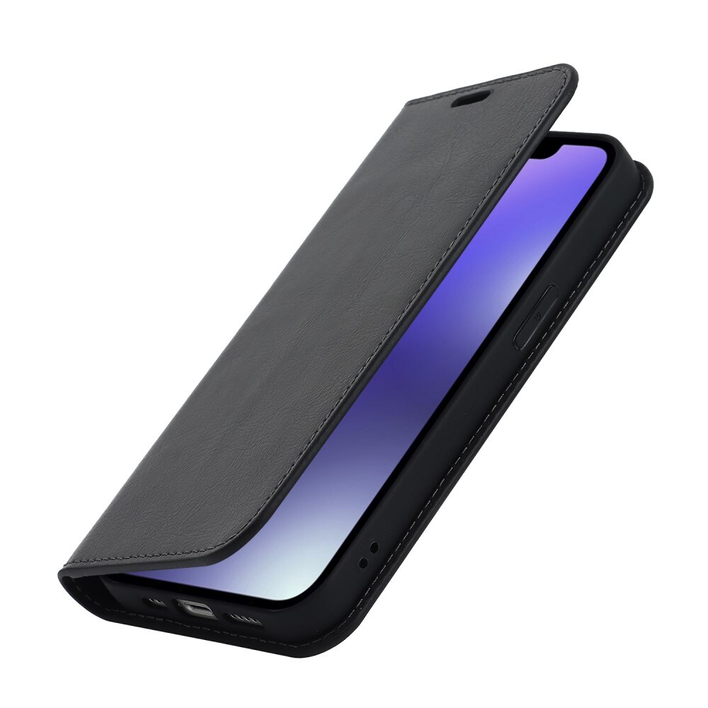 iPhone 15 Plus Smidigt mobiletui i ægte læder, Sort