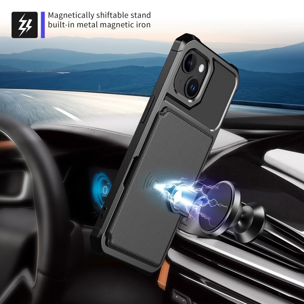 iPhone 15 Plus Stødsikkert mobilcover med pung, Sort