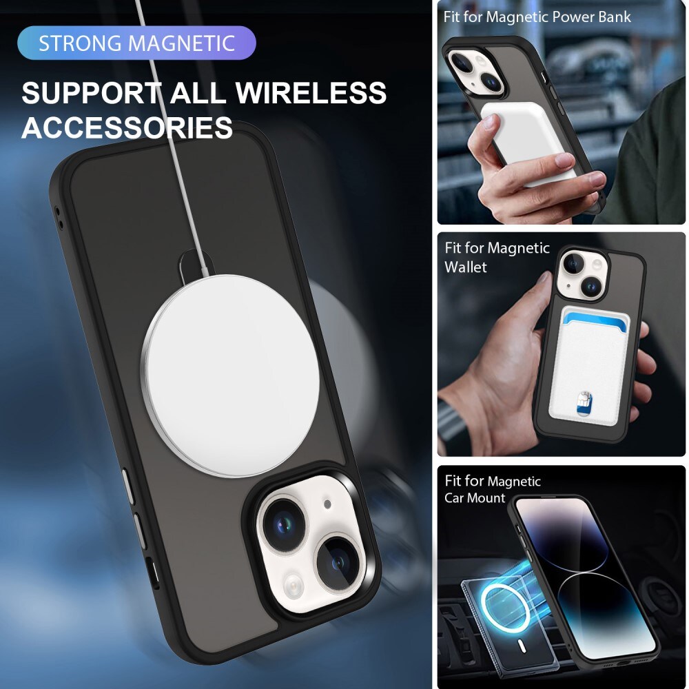 iPhone 15 Plus MagSafe hybridcover med stativfunktion, Sort