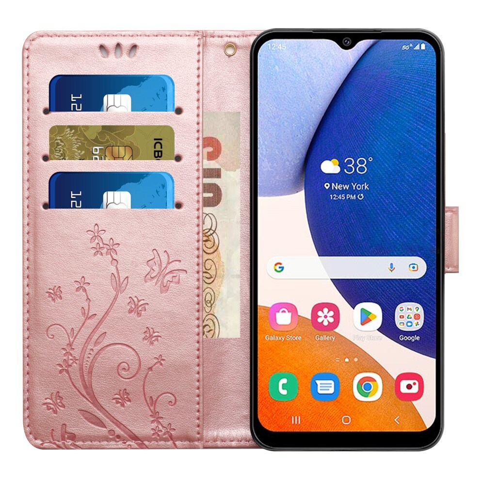Samsung Galaxy A15 Mobiletui med sommerfugle, Lyserød guld