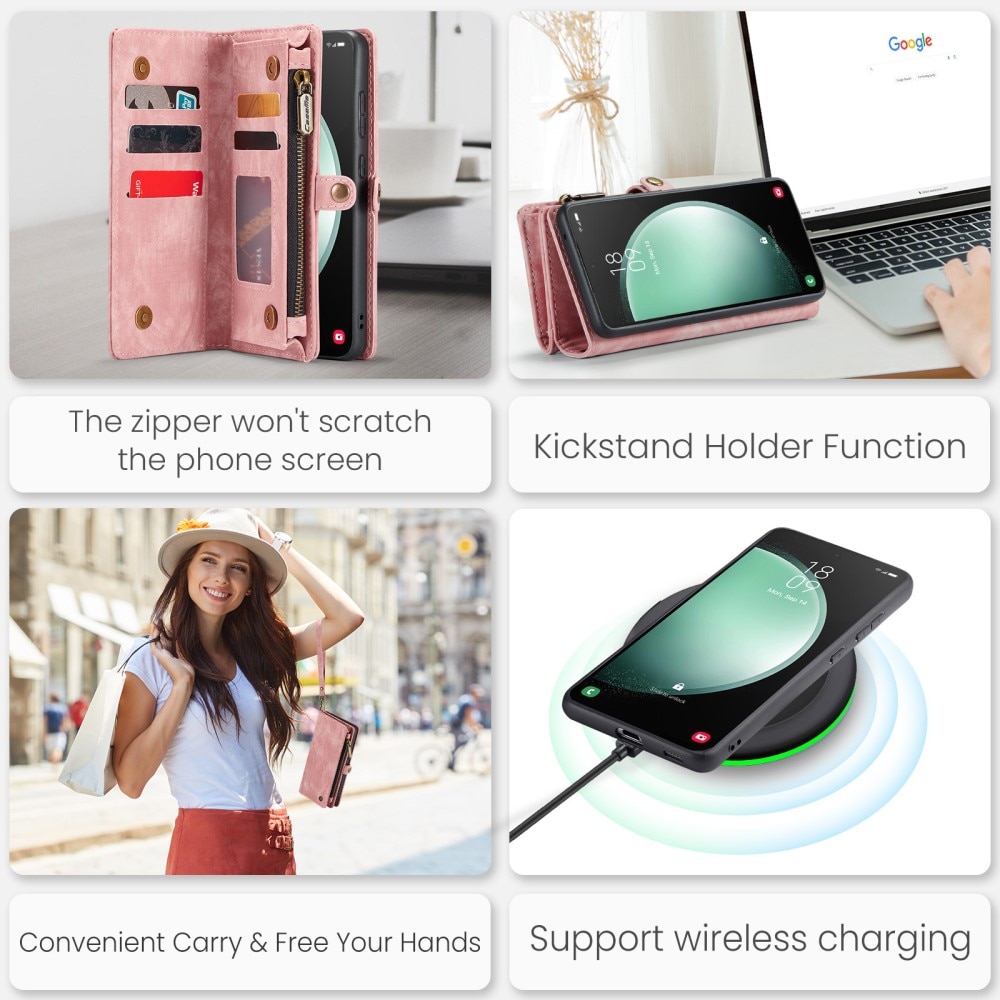 Samsung Galaxy S23 FE Rummeligt pungetui med mange kortholdere, Lyserød
