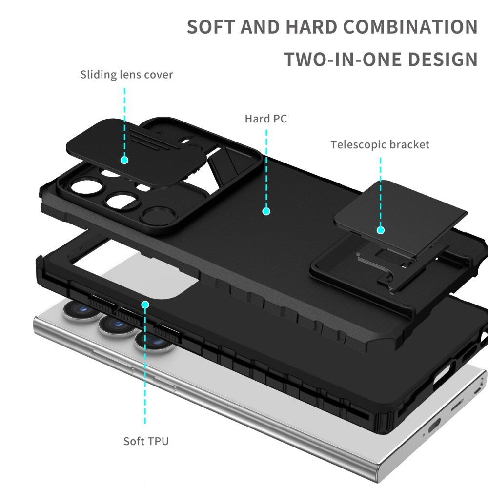 Samsung Galaxy S24 Ultra Cover med Kickstand & Kamerabeskyttelse, Sort