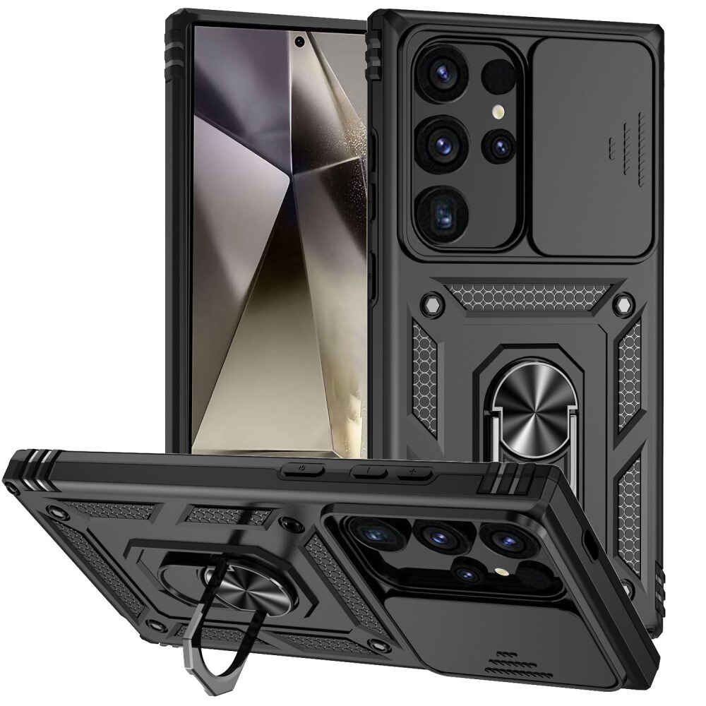 Samsung Galaxy S24 Ultra Cover med kamerabeskyttelse & fingerring, Sort