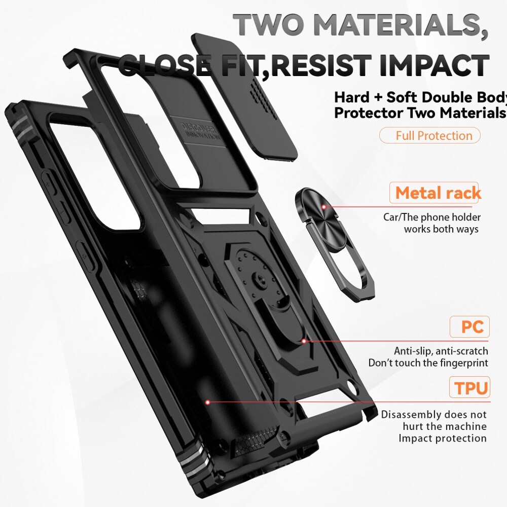 Samsung Galaxy S24 Ultra Cover med kamerabeskyttelse & fingerring, Sort