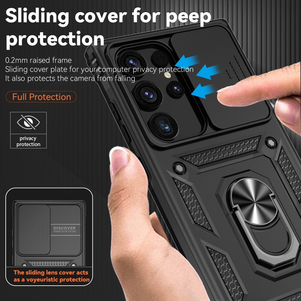 Samsung Galaxy S24 Ultra Cover med kamerabeskyttelse & fingerring, Sort