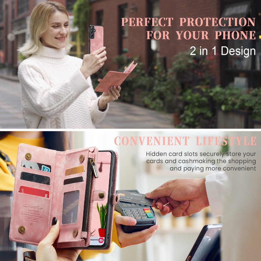 Samsung Galaxy S24 Rummeligt pungetui med mange kortholdere, Lyserød