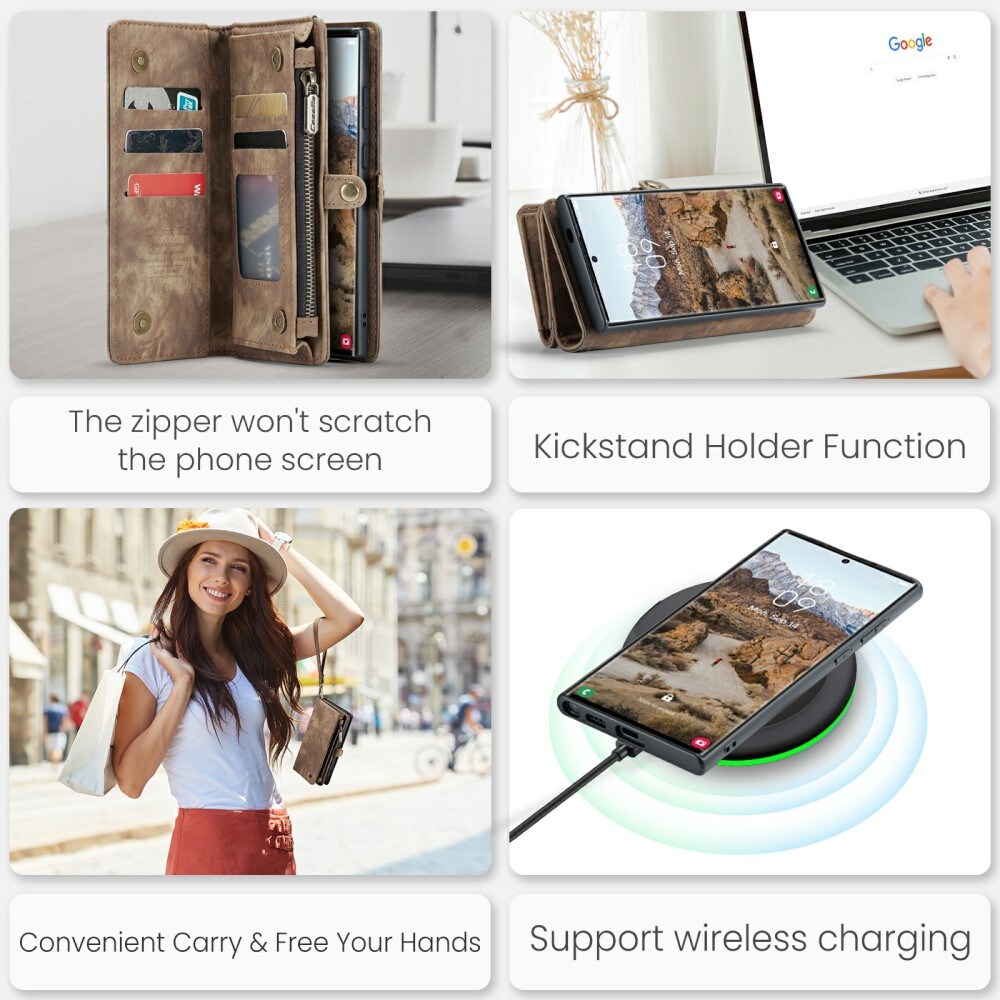 Samsung Galaxy S24 Ultra Rummeligt pungetui med mange kortholdere, Brun